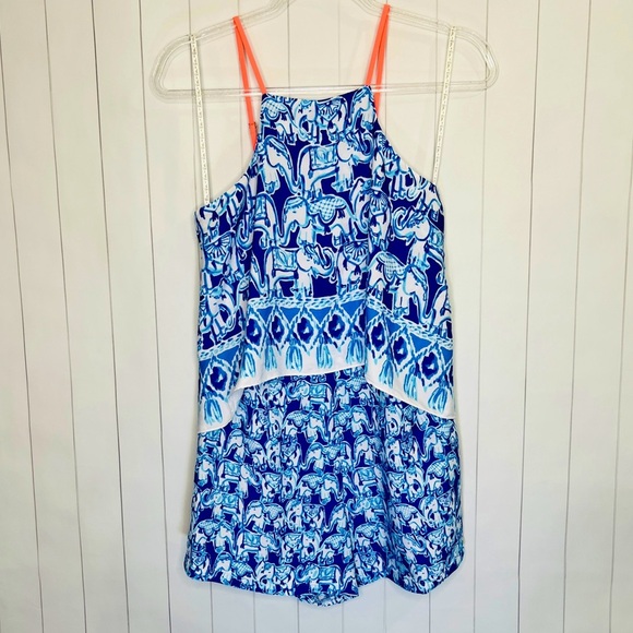 Lilly Pulitzer Celyn Blue Elephant Romper Vacay Travel Resort - Picture 1 of 8